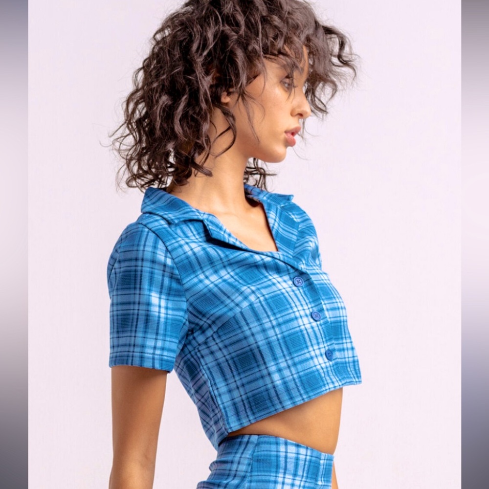 Brandy Melville Cropped Button Up Shirt John Galt Vivian top blue plaid Short